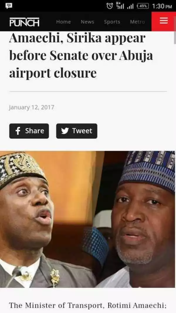 Amaechi, Sirika Appear Before Senate Over Abuja Airport Closure